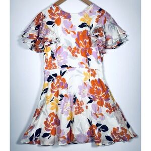 La Maison Talulah Effervescent Dress Large Floral Ramie Fit Flare Ruffle Sleeve